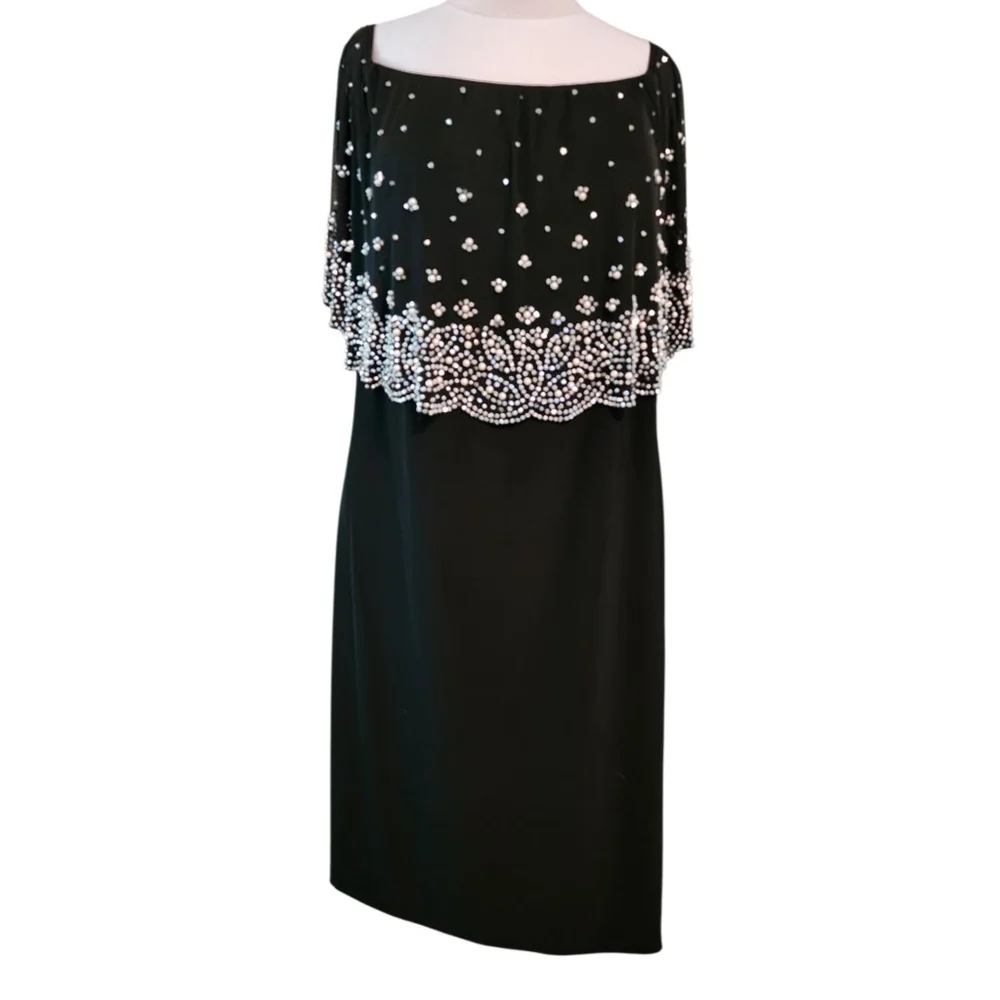 S. Levine Women 3X Black Cocktail Dress Pearl Beaded Cape Overlay Evening Dress - Picture 1 of 10